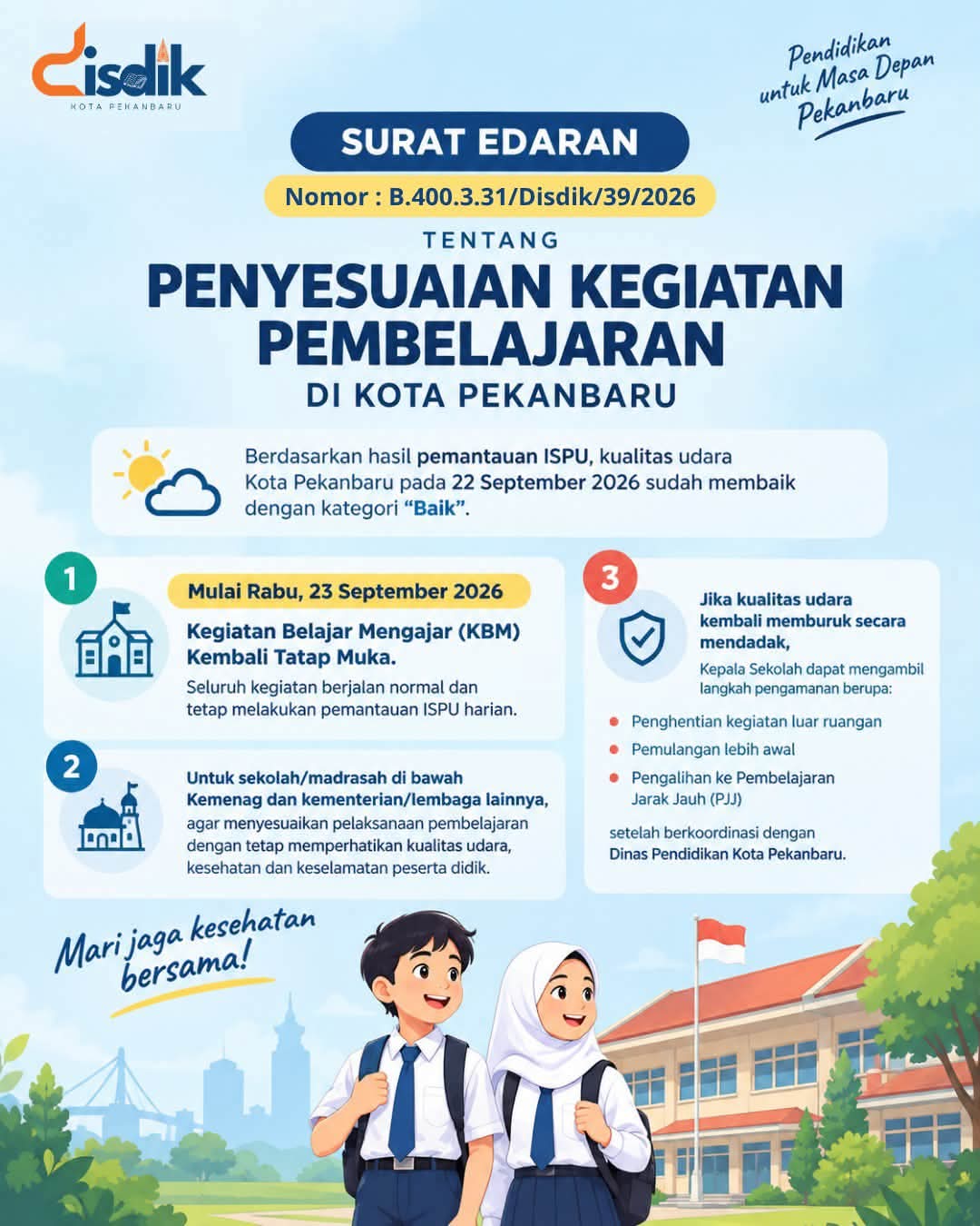 Kualitas Udara Pekanbaru Membaik, Siswa Kembali Belajar di Sekolah
