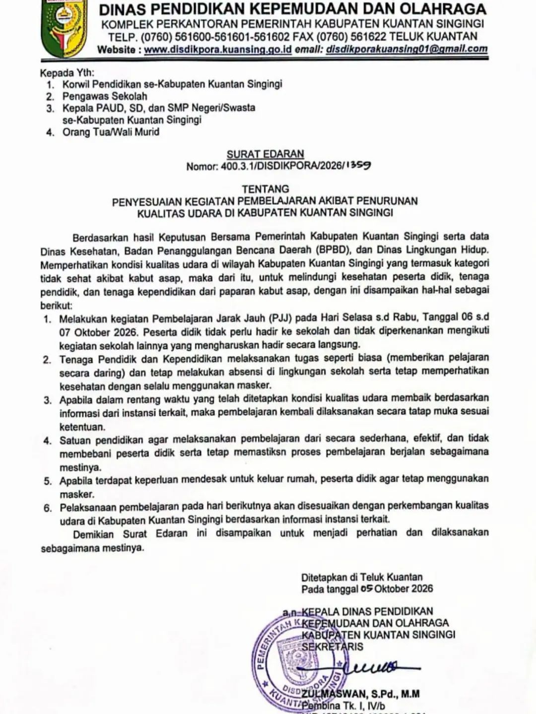 Kualitas Udara Memburuk, Besok Siswa di Kuansing Kembali Belajar Daring